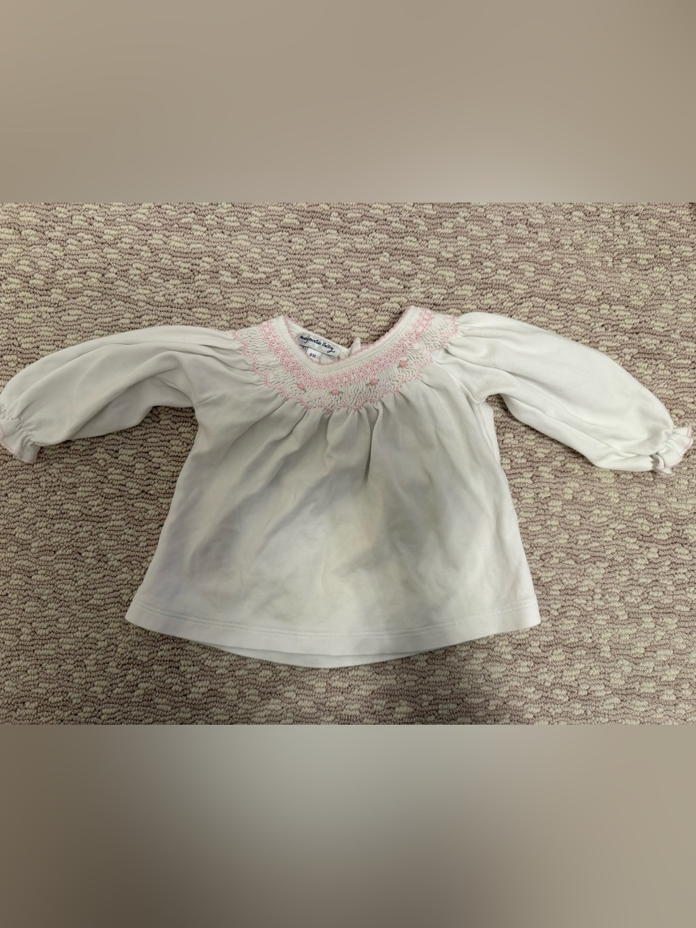 Magnolia Baby 9M Girls White Floral Smocked Long-Sleeve Top with Pink Detail
